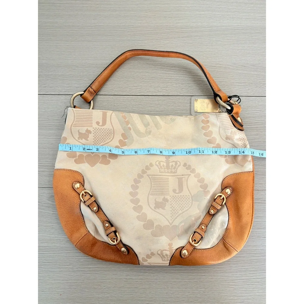 Y2K Juicy Couture Monogram Crest Canvas Hobo Bag Tan Leather Trim Gold Hardware